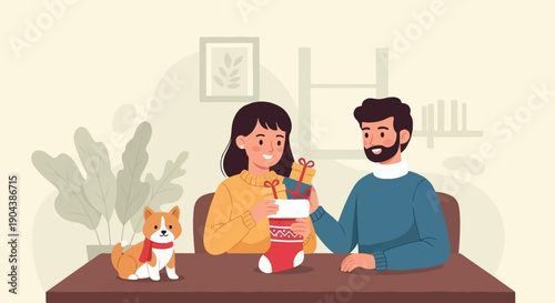 Couple filling Christmas stocking with gifts and a dog nearby