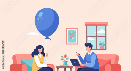 Couple relaxing at home with a balloon and laptop