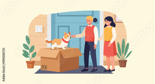 Couple greets dog on moving box by blue door with potted plants