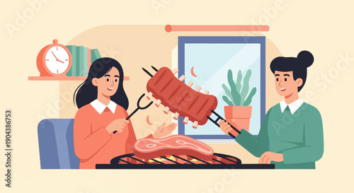 Couple grilling meat ribs and steak indoors, with clock and plant