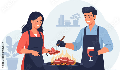 Couple grilling steaks and enjoying wine outdoors on a sunny day