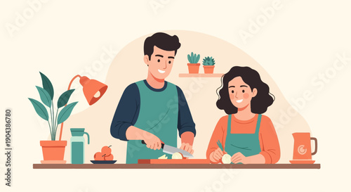 Couple happily preparing food together in a bright kitchen