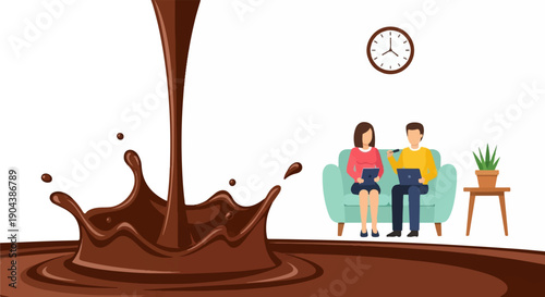 Couple on couch with laptops near splashing chocolate and a potted plant