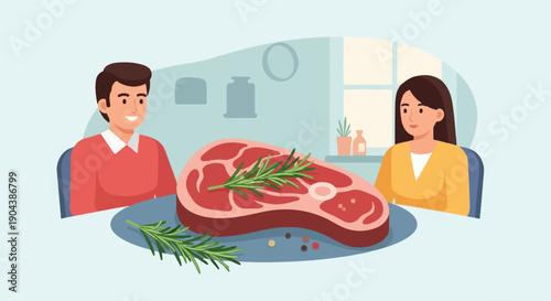 Couple happily looks at a raw steak with rosemary and peppercorns