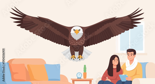 Couple in living room looks at tablet as eagle flies overhead