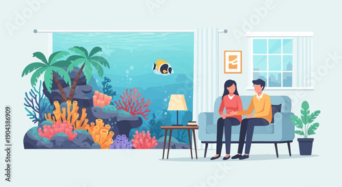Couple in living room by large aquarium with coral, fish, and plants