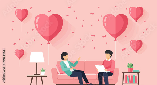 Couple in room with heart balloons and confetti, possibly in therapy