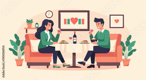 Couple enjoys a romantic dinner with wine and food in a cozy setting