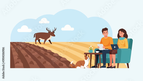 Couple on sofa with laptop and dog, deer in field with clouds