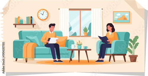 Couple reading books in a cozy living room with plants and a clock
