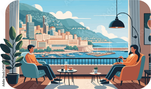 Couple relaxing on balcony overlooking scenic coastal city with boats