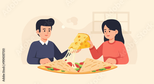 Couple enjoys cheesy quesadilla, a delicious shared meal