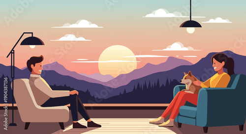 Couple relaxing on balcony with dog, watching a scenic sunset over mountains