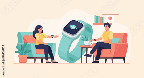 Couple relaxing on chairs near a large smartwatch and a small table