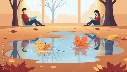 Couple reading by puddle reflecting autumn leaves and trees