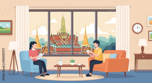 Couple reading indoors with a view of ornate temple structures