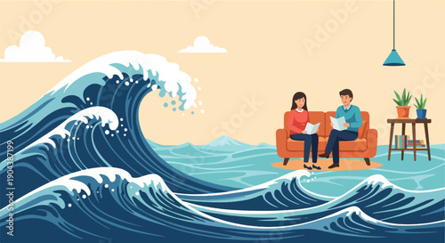 Couple reading on a couch in a flooded room with giant waves outside