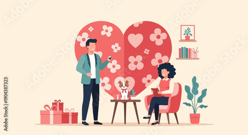 Couple with dog and gifts in front of a floral heart