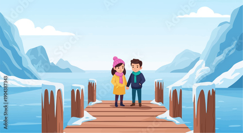 Couple on a wooden dock overlooking a frozen lake and snowy mountains