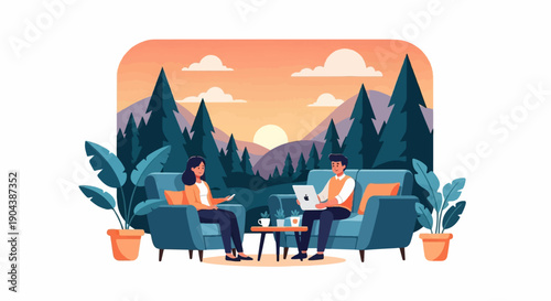 Couple relaxing on sofas outdoors, with a laptop and phone, sunset background