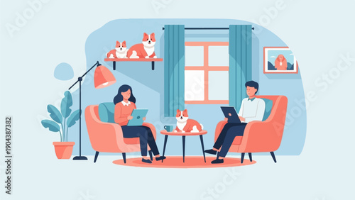 Couple relax indoors with laptops and corgis, a cozy and modern scene