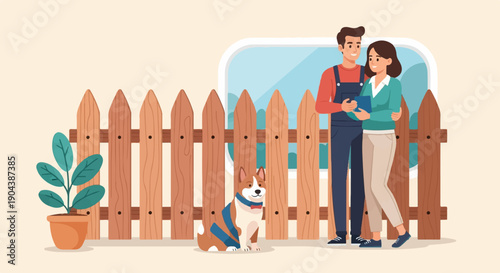 Couple with dog and plant by a wooden fence