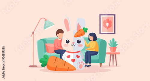 Couple relaxing with a giant bunny and carrots in a cozy living room