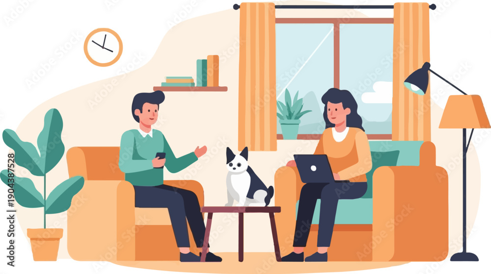 Fototapeta premium Couple with dog in living room, woman uses laptop, man on phone