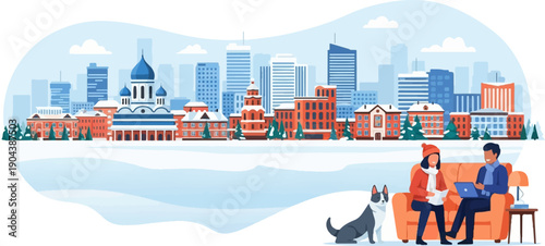 Couple with dog enjoy winter city view while relaxing indoors on sofa