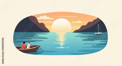 Couple with dog in boat, sailing boat, sunset over water, mountains