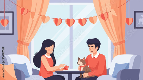 Couple with dog enjoying coffee by the window with heart garland