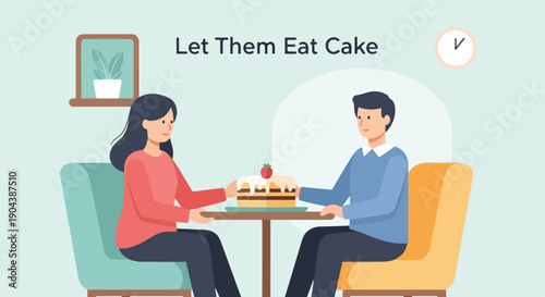 Couple shares a cake in a cozy room with a clock and plant