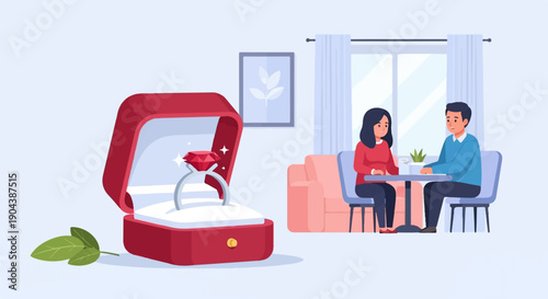 Couple seated at table, engagement ring in open box