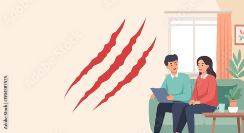 Couple seated on sofa, discussing plans, with claw marks on wall