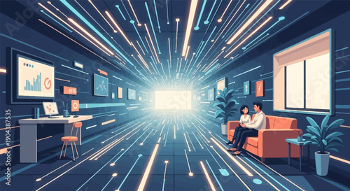 Couple on couch in futuristic office with data streams