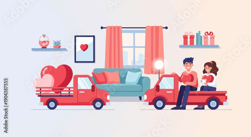 Couple shares hearts by red trucks near sofa with gifts, home decor