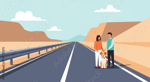 Couple with dog on desert highway, mountains and clouds in distance