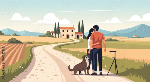 Couple with dog on country road with villa, fields, and mountains in background