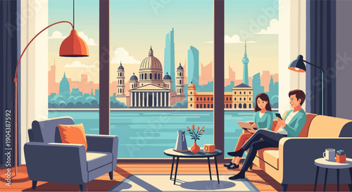 Couple relaxing indoors, enjoying city skyline view across water
