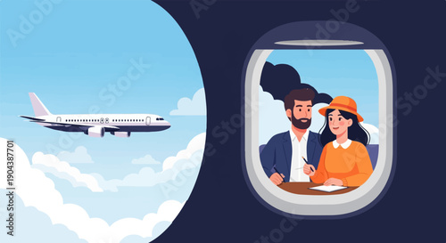 Couple signing papers inside a plane window, with another plane flying nearby