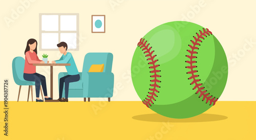Couple sits at table next to a giant green baseball in a room