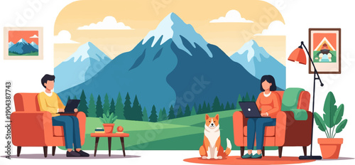 Couple working on laptops with dog and mountain backdrop