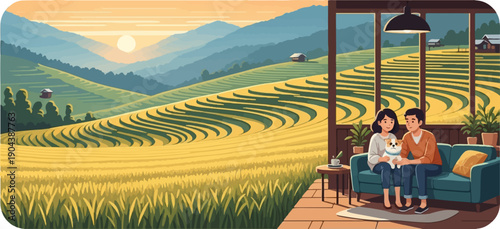 Couple relaxing indoors on sofa with dog, overlooking rural terraced landscape