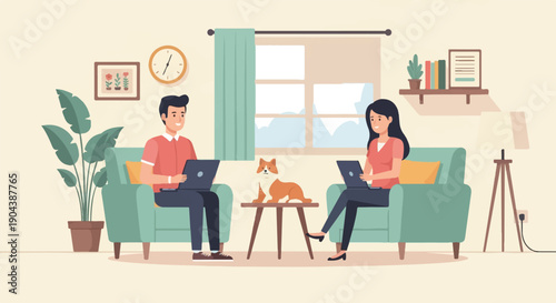 Couple working on laptops with dog in cozy living room (1)