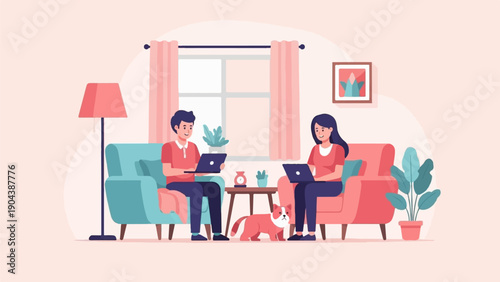 Couple working on laptops with dog in cozy living room