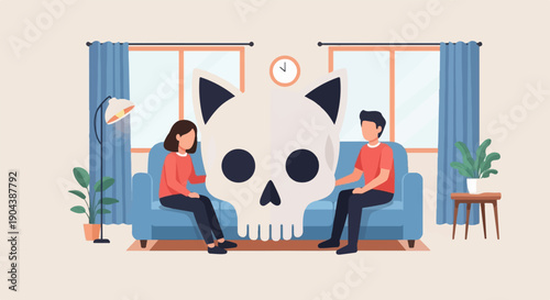 Couple sitting on couch, talking with a large skull between them