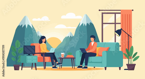 Couple working on laptops with mountainous landscape visible indoors