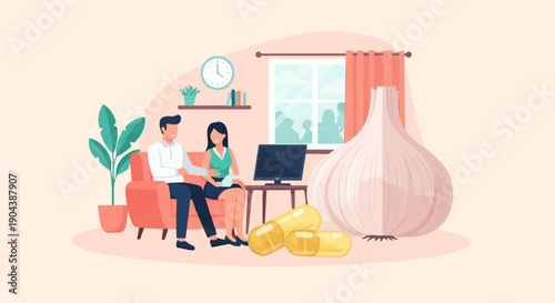 Couple relaxing indoors with a giant garlic bulb and supplements