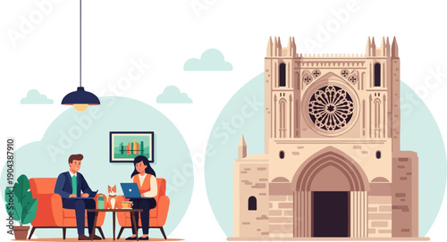 Couple working remotely near a Gothic cathedral with a cat