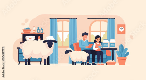 Couple sitting on sofa with sheep and milk in a cozy room
